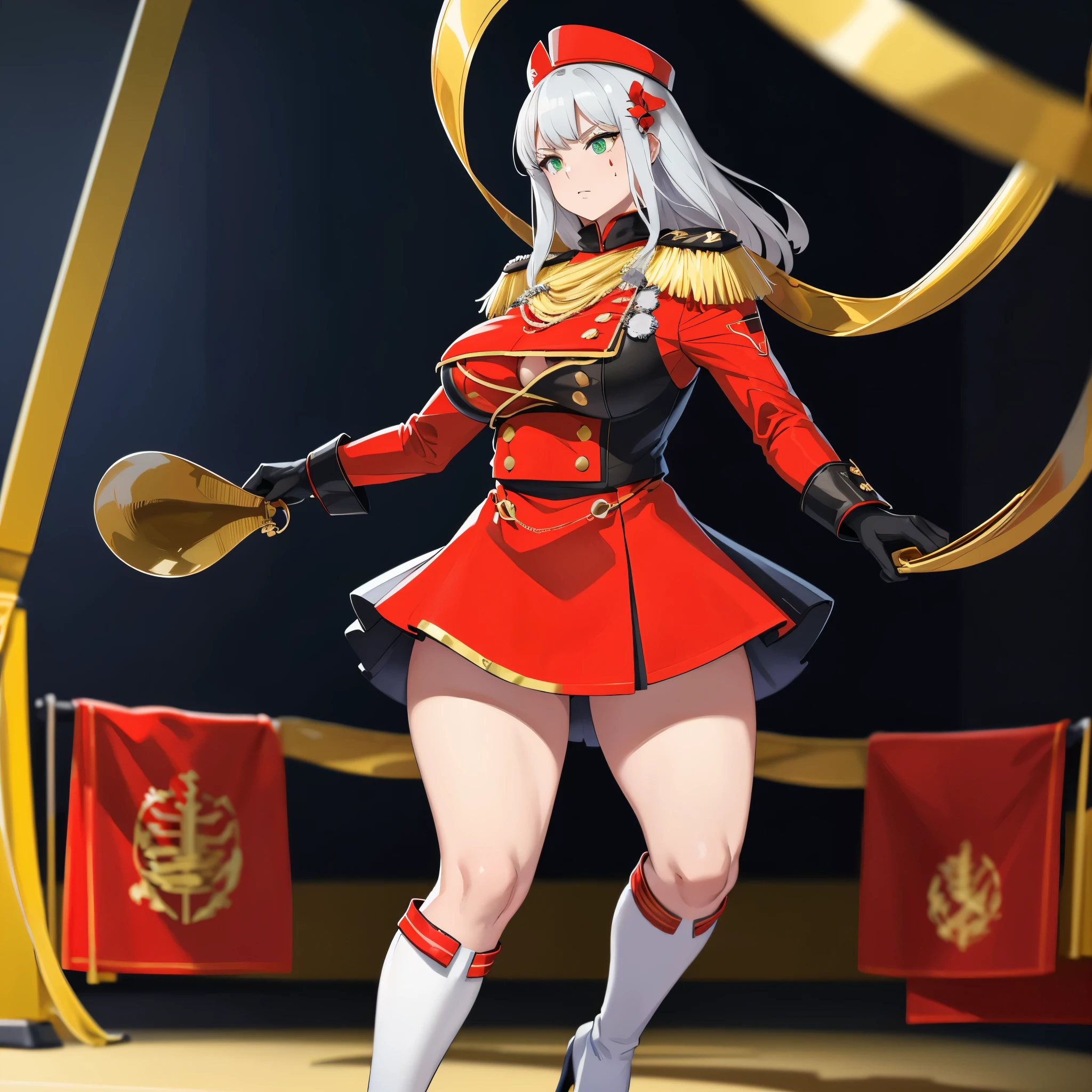 A woman wearing red marching band uniforms with gold details, gold shoulder pads, wearing a red drum major hat with gold details, black boots, big breasts, long silver hair, green eyes, serious face, full body, walking on the dance floor of a city, various people in blurred marching band uniforms,,( solo woman), glow, drop shadow, flower, UHD, masterpiece, accurate, anatomically correct, textured skin, super detail, high quality, best quality, 8k, high resolution, bokeh effect.
