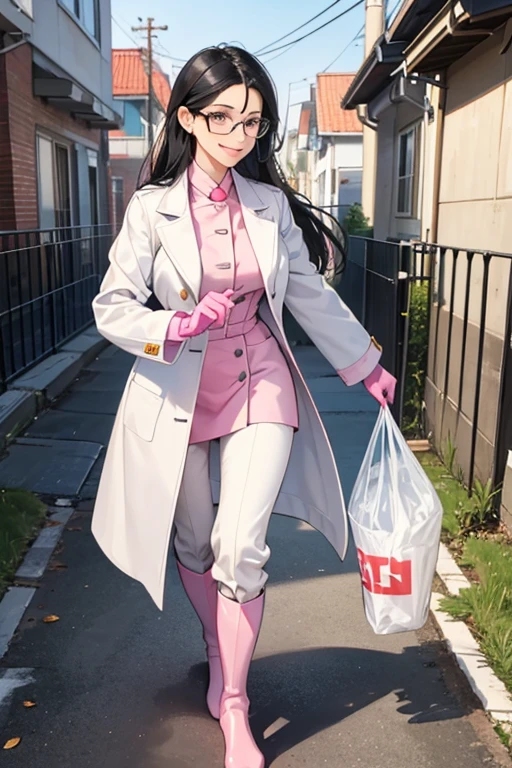 A mature woman with glasses and black hair in a white coat wearing pink long rubber gloves and white rubber boots picking up trash in the schoolyard with a gentle smile