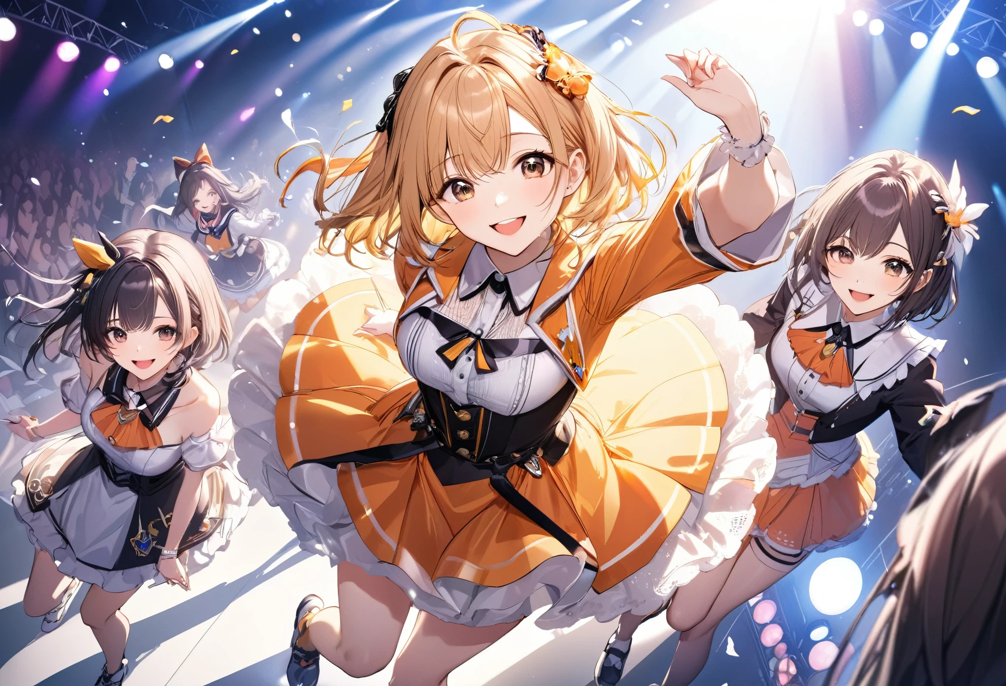 from above, dutch angle, best quality, masterpiece, idol concerts, gorgeous stages, flashy lighting, cute girls flying around while smiling and singing, cute adult costumes and accessories, dynamic feeling, attractive
