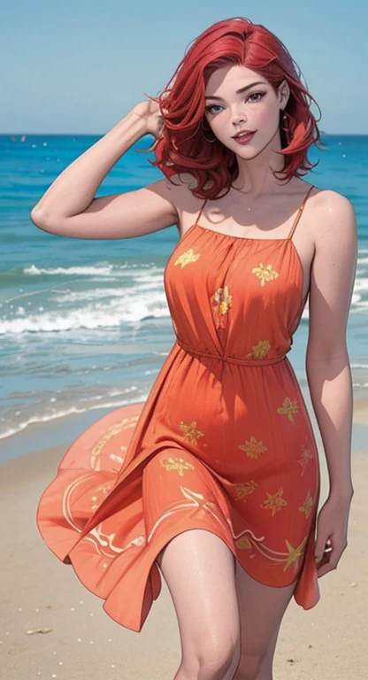 , vibrant, exotic beach background, A beautiful young woman, combination of Ashley Greene:0.95,Mackenzie Foy:0.7,  Selma Blair:0.8 Bohemian poses smiling having fun, wearing a cute sundress red hair