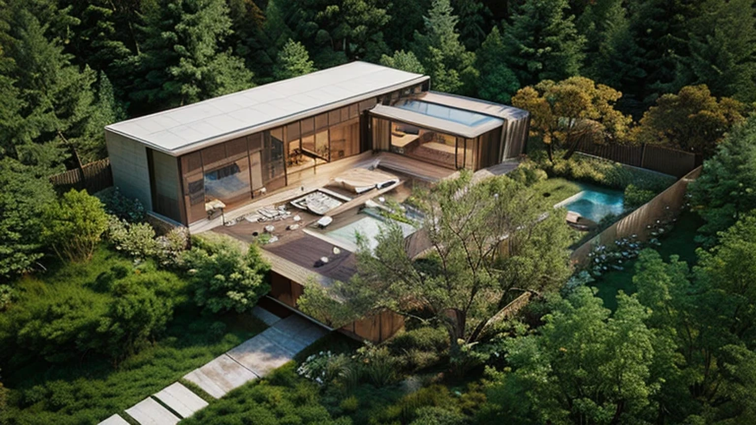Modern house in the forest renderings，One-story building，Aluminum Plate，Glass，garden，Japanese Garden, Concept House, Building Renderinging, detailed renderings, Realistic Physical Rendering, Spell Rendering, Rendering, Brightness Renderinging, Brightness Rendering, Mixed with Rivendell Buildings, Architectural Visualization, Building Rendering, luxcore Rendering, Extremely detailed rendering, Modern house in the woods, Beautiful and detailed rendering