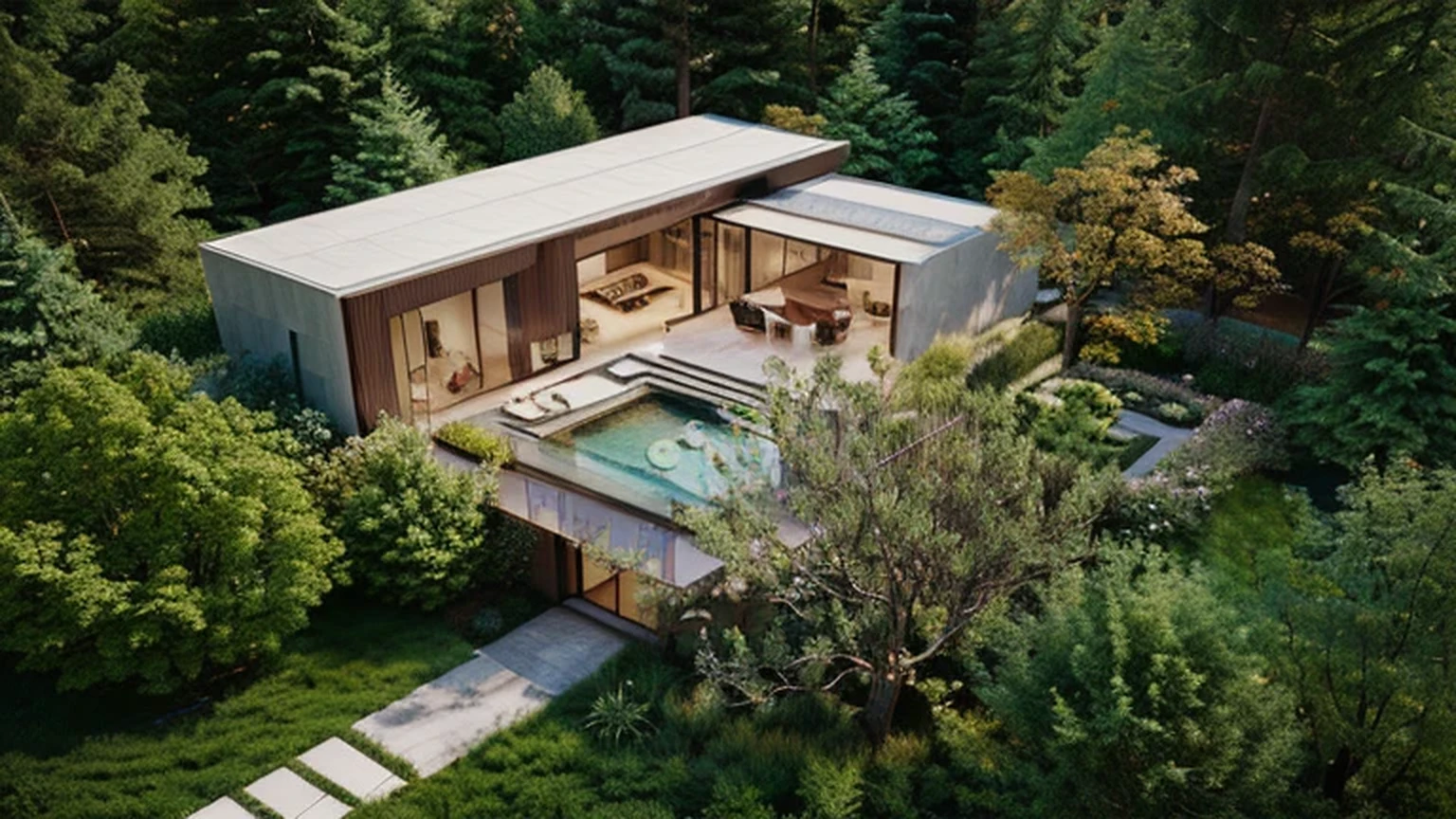 Modern house in the forest renderings,One-story building,Aluminum Plate,Glass,garden,Japanese Garden, Concept House, Building Renderinging, detailed renderings, Realistic Physical Rendering, Spell Rendering, Rendering, Brightness Renderinging, Brightness Rendering, Mixed with Rivendell Buildings, Architectural Visualization, Building Rendering, luxcore Rendering, Extremely detailed rendering, Modern house in the woods, Beautiful and detailed rendering