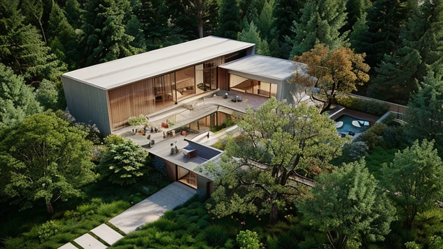 Modern house in the forest renderings,One-story building,Aluminum Plate,Glass,garden,Japanese Garden, Concept House, Building Renderinging, detailed renderings, Realistic Physical Rendering, Spell Rendering, Rendering, Brightness Renderinging, Brightness Rendering, Mixed with Rivendell Buildings, Architectural Visualization, Building Rendering, luxcore Rendering, Extremely detailed rendering, Modern house in the woods, Beautiful and detailed rendering