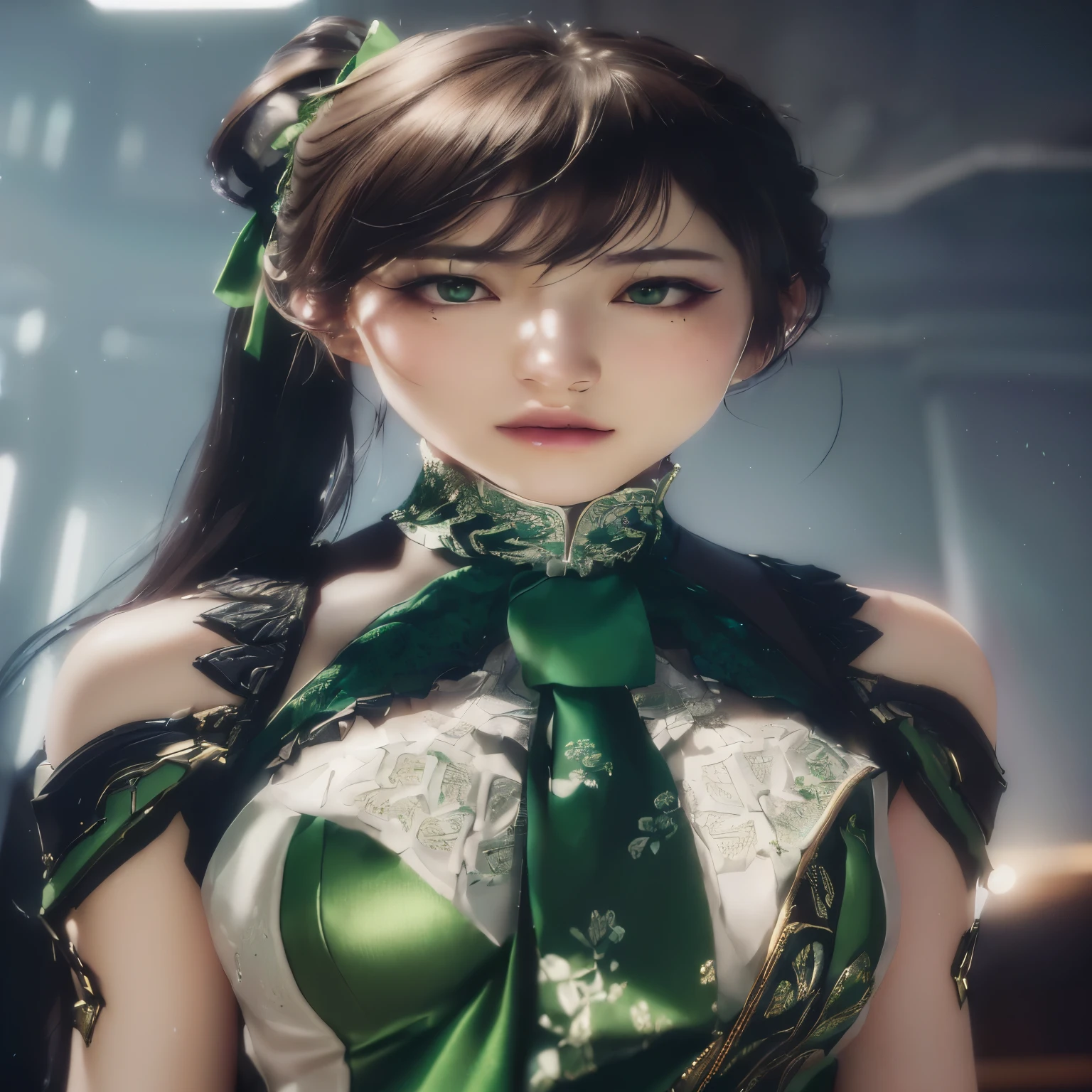 ((Ultra-Realistic and Photorealistic with touch of rawness:1.37)) a close up of a woman with a green tie and a green dress, akihiko yoshida. unreal engine, unreal engine character art, unreal 6 breathtaking detailed, 8 k uhd character details, 8 k character details, 8k portrait render, artgerm ; 3d unreal engine, dead or alive 6, unreal engine : : rave makeup 