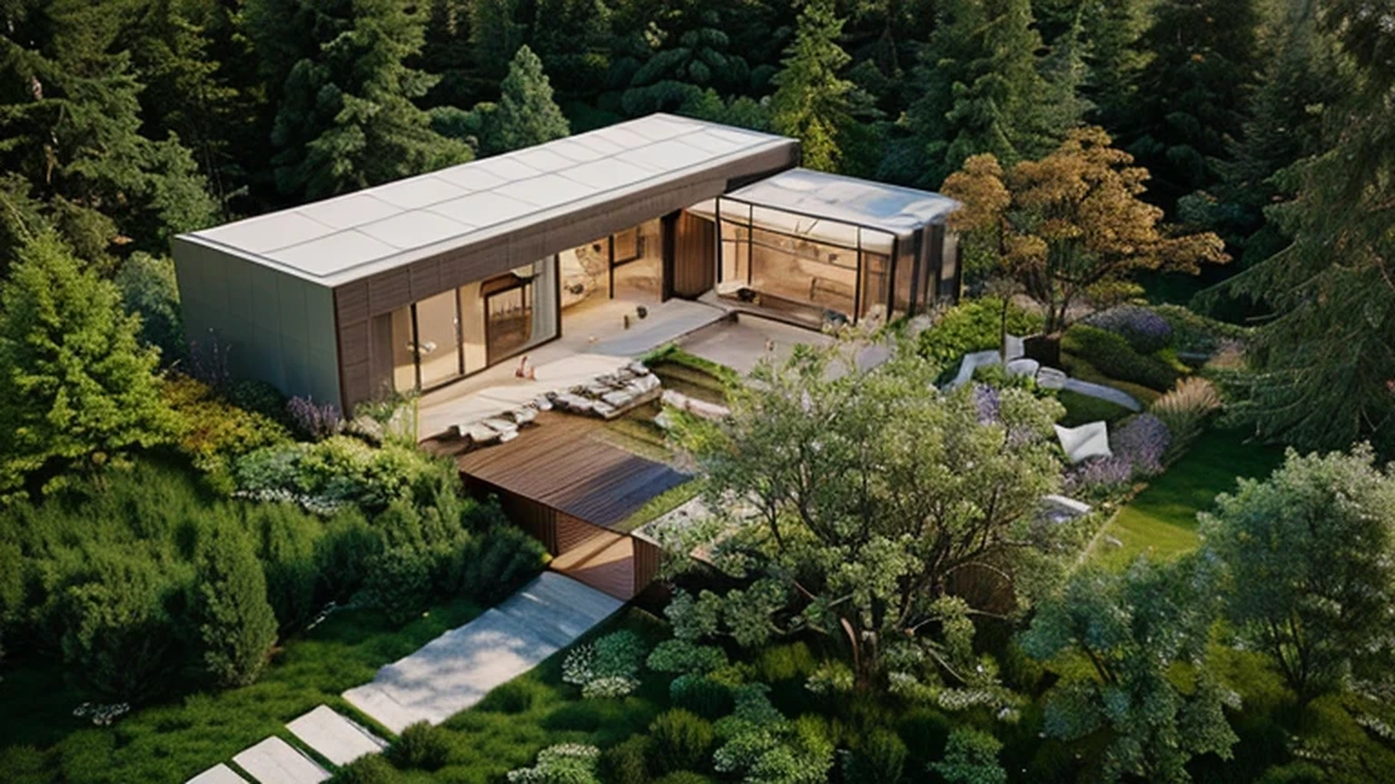 Modern house in the forest renderings，One-story building，Aluminum Plate，Glass，garden，Japanese Garden, Concept House, Building Renderinging, detailed renderings, Realistic Physical Rendering, Spell Rendering, Rendering, Brightness Renderinging, Brightness Rendering, Mixed with Rivendell Buildings, Architectural Visualization, Building Rendering, luxcore Rendering, Extremely detailed rendering, Modern house in the woods, Beautiful and detailed rendering