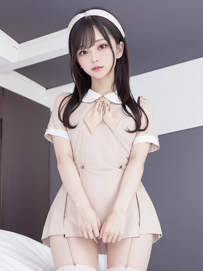 (highest quality),(High resolution),(8k),The whole body is projected,(Large Breasts:1.2),length, thin脚,Beautiful legs,thin,Tight waist,(Put your hair up),Small face,cute,smile,(Attention to detail in the costumes:1.2),(One Japanese woman:1.2),mini skirt,((cowgirl position:1.5)),((from below:1.5)),((On the bed:1.3)),((arms behind head:1.3)),((spread legs:1.3))