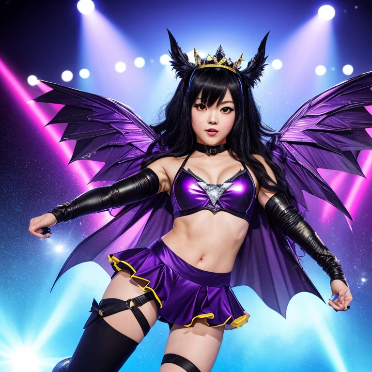 A super cute Japanese Idol woman,cute face,a shiny pretty tiara,a dark purple costume with bat wings and iconic yellow bat logo,sexy boots,she's in cosplay as Bat Girl,with a cape flowing behind her,long raven black hair,beautiful detailed eyes,beautiful detailed lips,extremely detailed eyes and face,long eyelashes,she's doing an action-packed super heroine adventure on stage,high-energy dance moves,dynamic body poses,striking fighting stances,lots of panty and butt flashes,the stage is brightly lit with colorful spotlights,fog machines creating an atmosphere,flashing neon lights in the background,breathtaking acrobatic maneuvers,electric blue and deep purple color scheme,bokeh effect to create a dreamy atmosphere,(best quality,4k,8k,highres,masterpiece:1.2), ultra-detailed, (realistic,photorealistic,photo-realistic:1.37), HDR,studio lighting,ultra-fine painting,sharp focus,extreme detail description,professional,vivid colors,concept artists.
