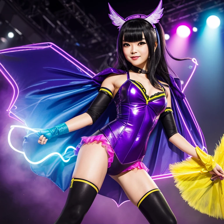 A super cute Japanese Idol woman,cute face,a shiny pretty tiara,a dark purple costume with bat wings and iconic yellow bat logo,sexy boots,she's in cosplay as Bat Girl,with a cape flowing behind her,long raven black hair,beautiful detailed eyes,beautiful detailed lips,extremely detailed eyes and face,long eyelashes,she's doing an action-packed super heroine adventure on stage,high-energy dance moves,dynamic body poses,striking fighting stances,lots of panty and butt flashes,the stage is brightly lit with colorful spotlights,fog machines creating an atmosphere,flashing neon lights in the background,breathtaking acrobatic maneuvers,electric blue and deep purple color scheme,bokeh effect to create a dreamy atmosphere,(best quality,4k,8k,highres,masterpiece:1.2), ultra-detailed, (realistic,photorealistic,photo-realistic:1.37), HDR,studio lighting,ultra-fine painting,sharp focus,extreme detail description,professional,vivid colors,concept artists.