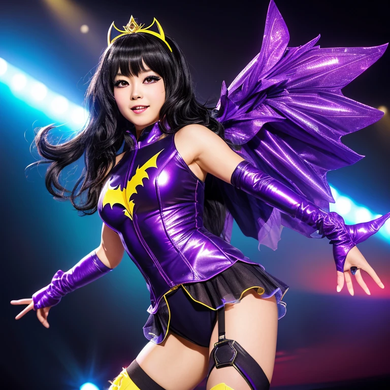 A super cute Japanese Idol woman,cute face,a shiny pretty tiara,a dark purple costume with bat wings and iconic yellow bat logo,sexy boots,she's in cosplay as Bat Girl,with a cape flowing behind her,long raven black hair,beautiful detailed eyes,beautiful detailed lips,extremely detailed eyes and face,long eyelashes,she's doing an action-packed super heroine adventure on stage,high-energy dance moves,dynamic body poses,striking fighting stances,lots of panty and butt flashes,the stage is brightly lit with colorful spotlights,fog machines creating an atmosphere,flashing neon lights in the background,breathtaking acrobatic maneuvers,electric blue and deep purple color scheme,bokeh effect to create a dreamy atmosphere,(best quality,4k,8k,highres,masterpiece:1.2), ultra-detailed, (realistic,photorealistic,photo-realistic:1.37), HDR,studio lighting,ultra-fine painting,sharp focus,extreme detail description,professional,vivid colors,concept artists.
