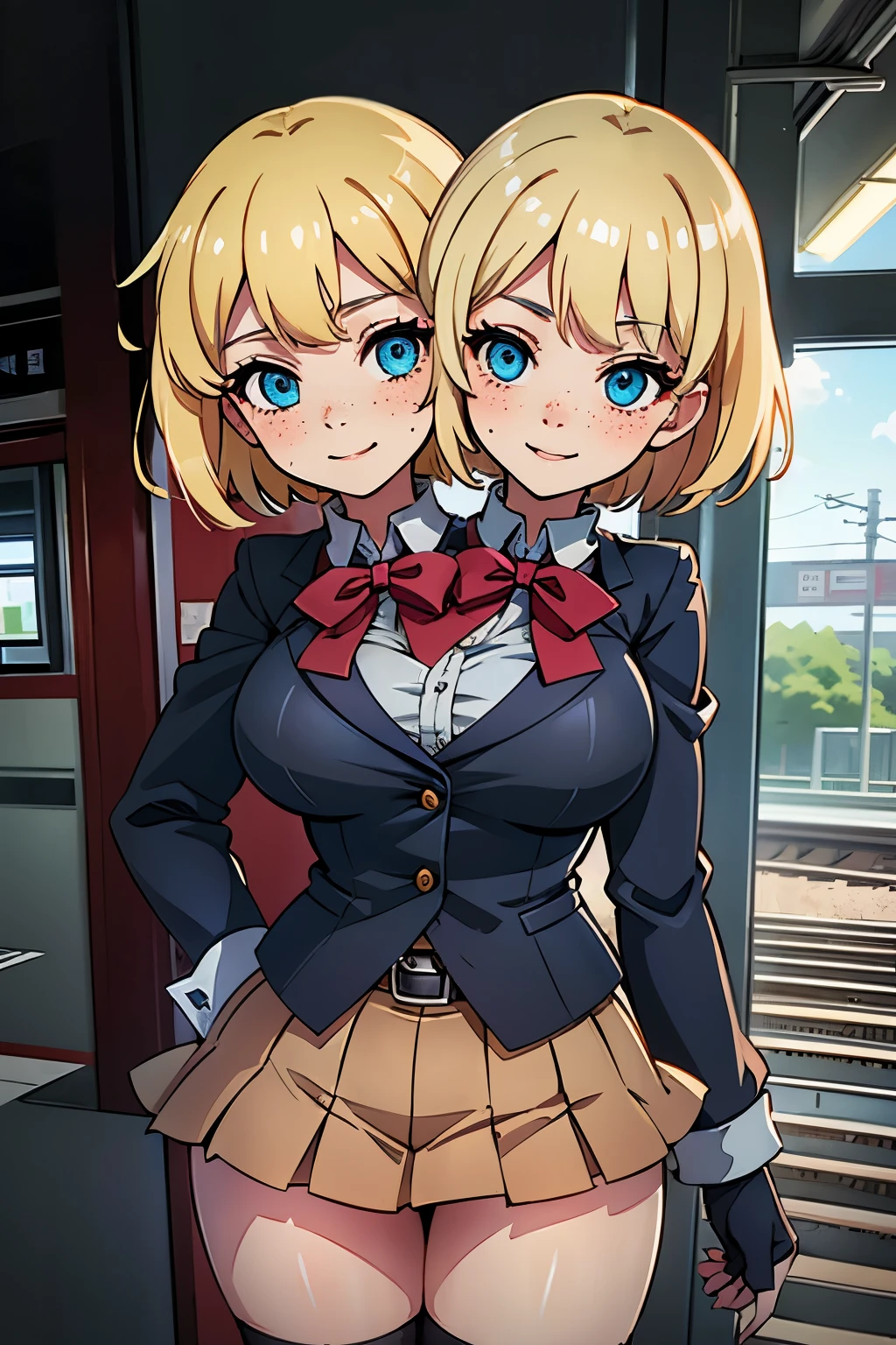 (masterpiece),(ultra-detailed), (high quality), (high resolution), (best quality:1.5, highres, UHD), highres, absurdo, ultra detail, ultra quality, Ultra resolution, 16k, ((2heads:1.5)), 1girl, ((anime girl with two heads)), (blonde hair) magenta blue blouse with jacket and a mini skirt with pleats, fingerless black gloves, suede shoes, freckles, gentle smile, tomboy, cowboy shot, railway station, blue eyes