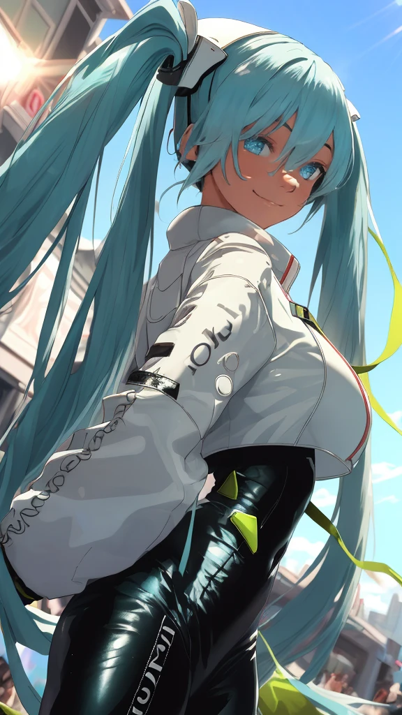 (masterpiece, highest quality), Backlight, Lens flare, Wide Shot, Fisheye Lens , (Face Focus, Depth of written boundary, close: 1.5), Super Detail, figure, colorful, (Fault Color: 1.3), (Immidshot: 1.3), video, Wide-angle, Upper Body, (((One girl))), miku hatsune, Spotless, Dark green hair, Twin tails, Very long hair, Put your arms behind your back, blue eyes, Glowing Eyes, Relaxed face, Eyebrow hair, Shiny Hair, Glowing Skin, A light smile, racing Miku, (Big Breasts), Black bodysuit, Cropped jacket, White jacket, Long sleeve, Two-tone gloves, Thigh-high boots, bright, Beautiful detailed sky, city, street,