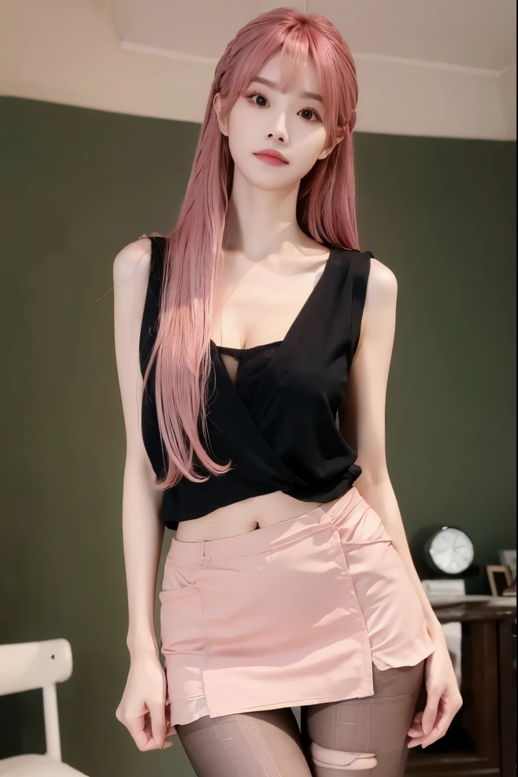 Beautiful woman with perfect body:1.4,Layered Hairstyle,Prominent cleavage,Highly detailed face and skin textures,Double eyelids,Skin Whitening,Long hair,Whitened long legs,Pink hair,(Sleeveless vest,miniskirt,Black pantyhose)standing in living room