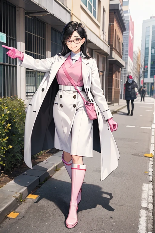 A mature woman with glasses and black hair in a white coat wearing pink long rubber gloves and white rubber boots picking up trash in the schoolyard with a gentle smile