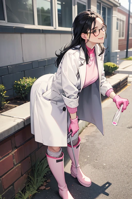 A mature woman with glasses and black hair in a white coat wearing pink long rubber gloves and white rubber boots picking up trash in the schoolyard with a gentle smile
