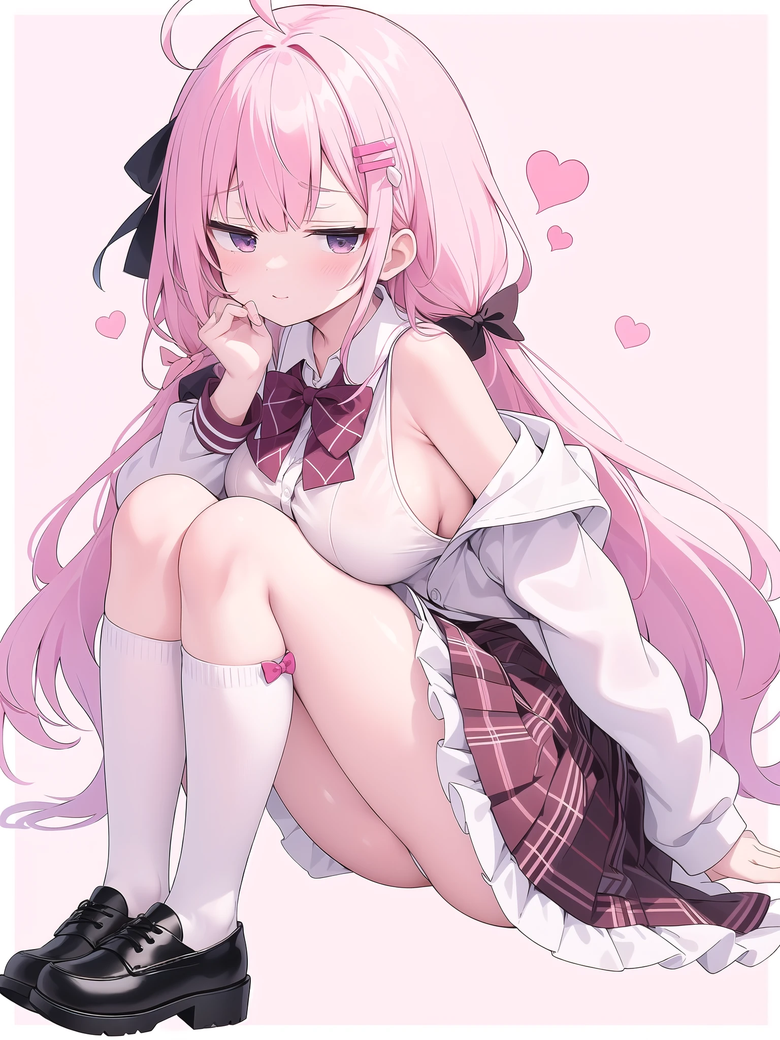 Slime, open legs, bare shoulders, side boob, side boob, large breasts,High Resolution 1girl Ahoge Bobby_pin bow bowtie braid brOwn_目s collared_shirt dojikko_Temporarily stop_shirt frilled_shirt_Color Free Joint_skirt frills hair_bow hair_ornament hairpin hand_in addition_Own_head, heart, heart_hair_Decorative hood_jacket jacket lin additiong_Pentagon Pink_hair plaid plaid_Ribbon Check_Pleated skirt_skirt shirt shoelaces shoes simple_background sitting skirt solo star_(symbol) twin_Braided Warisa White_Background intersection_Knee socks, whole body