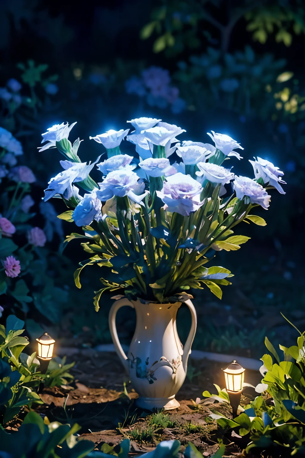 Lots of bioluminescent carnations. In the garden at night.