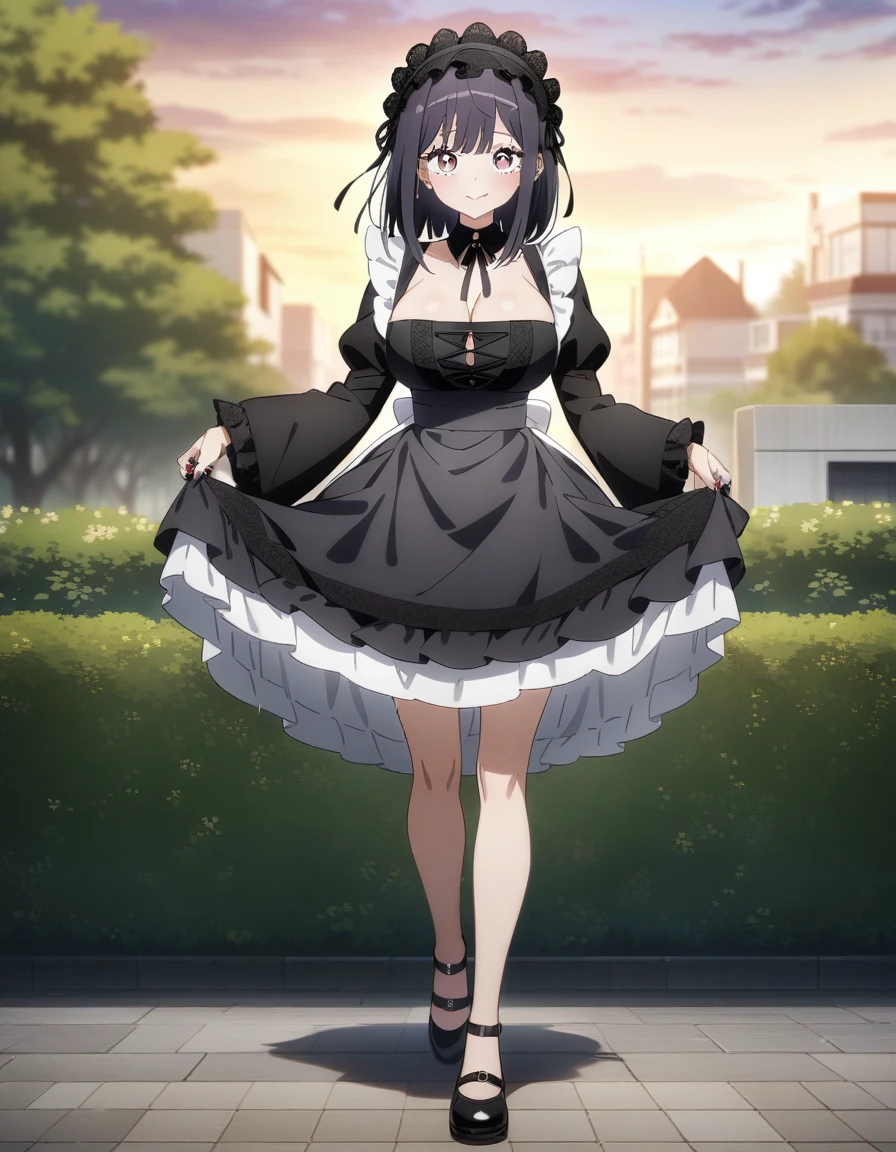 masterpiece, best quality, very aesthetic, absurdres, 1girl, kuroe shizuku, sono bisque doll wa koi wo suru, maid, large breast, cleavage, outdoors, key visual, highly detailed, looking at viewer, full body, front view
