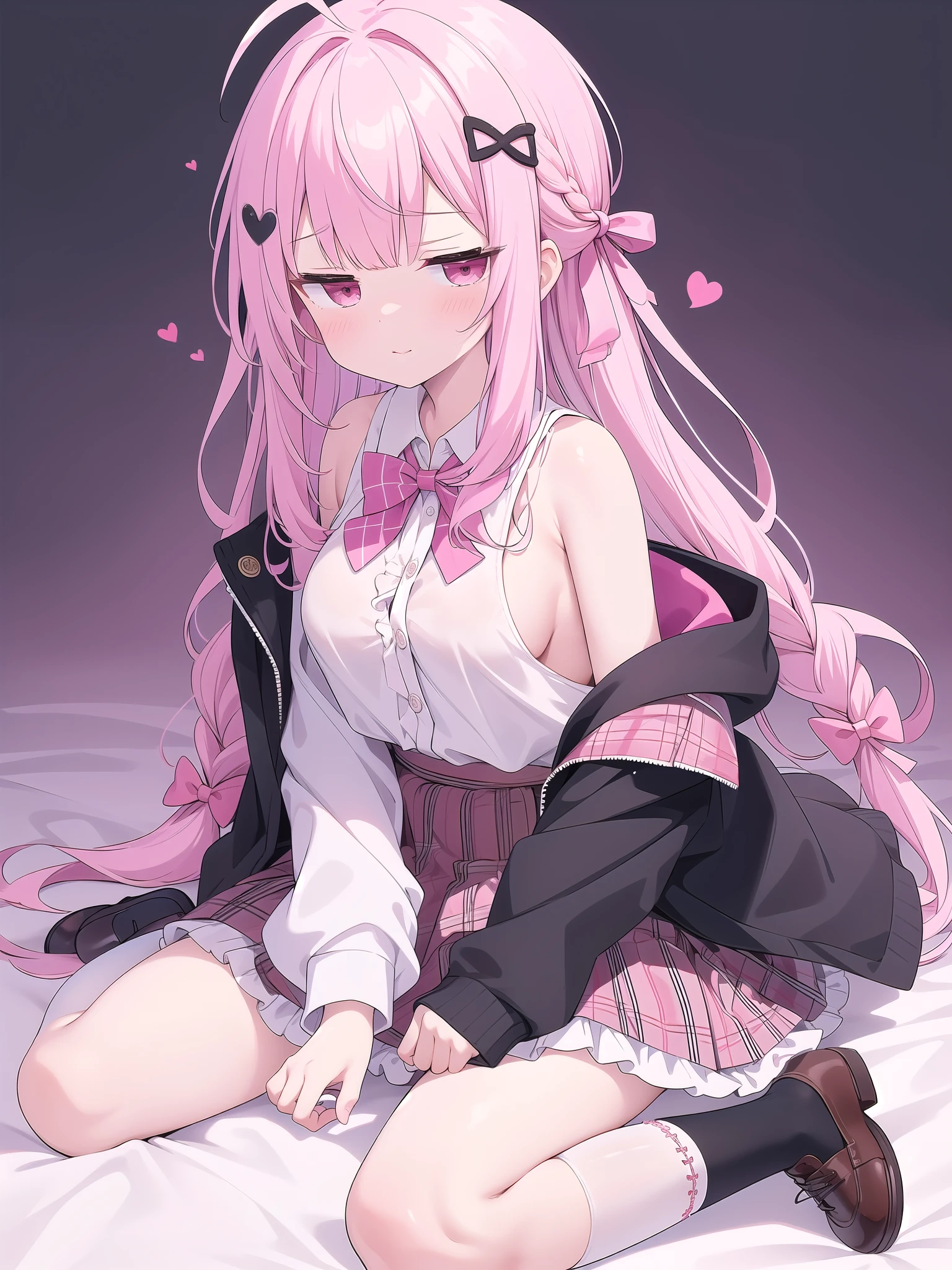 Slime, open legs, bare shoulders, side boob, side boob, large breasts,High Resolution 1girl Ahoge Bobby_pin bow bowtie braid brOwn_目s collared_shirt dojikko_Temporarily stop_shirt frilled_shirt_Color Free Joint_skirt frills hair_bow hair_ornament hairpin hand_in addition_Own_head, heart, heart_hair_Decorative hood_jacket jacket lin additiong_Pentagon Pink_hair plaid plaid_Ribbon Check_Pleated skirt_skirt shirt shoelaces shoes simple_background sitting skirt solo star_(symbol) twin_Braided Warisa White_Background intersection_Knee socks, whole body