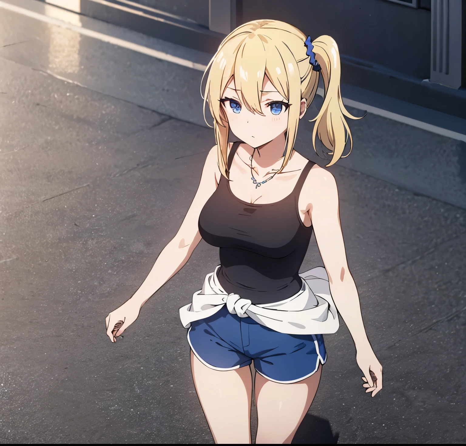 masterpeace, best quality, high resolution, 1 girl, solo, hayaska ai, tank top, black shirt, waist naked, blue shorts, tight shorts, white stockings, black sneakers, side ponytail, hair between eyes, blue eyes, blonde hair, hair ornament, large breasts, medium waist, wide hips, medium thighs, butt round, hair scrunchie, bangs, long hair, side strands, necklace, collarbone, jewelry, city, street, sunny, good lighting, walking down the street, looking at viewer, head on, pov(from above), perfect anatomy perfect hands