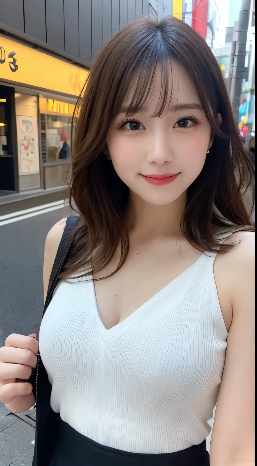 whole body, highest quality, figure, Very detailed, In detail, High resolution, 8k wallpaper, Perfect dynamic composition, Beautiful fine details, Summer Fashion,Medium Hair, Center of chest, Natural color lip, Random sexy poses,smile,Tokyo in the daytime，