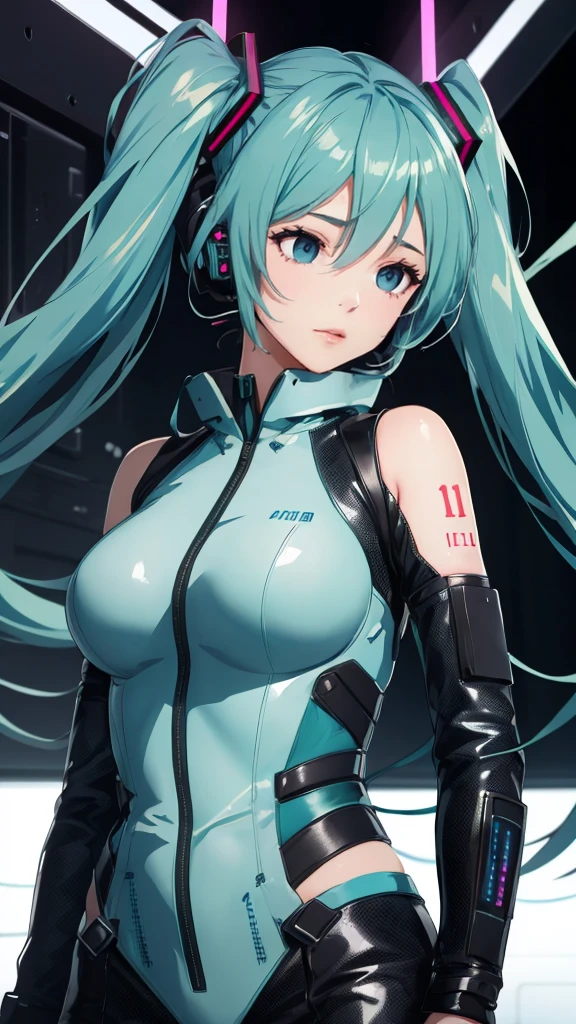 Hatsune Miku Vocaloid, Twin Tails, Light Blue Eyes, Light Blue Hair, Pichi Pichi Bodysuit, Cyber punk, Ultimate Physical Beauty, Beautiful Eyes, embarrassed look , ((Big Breasts)), 8K CG, Top Quality, Best Image Quality, 
