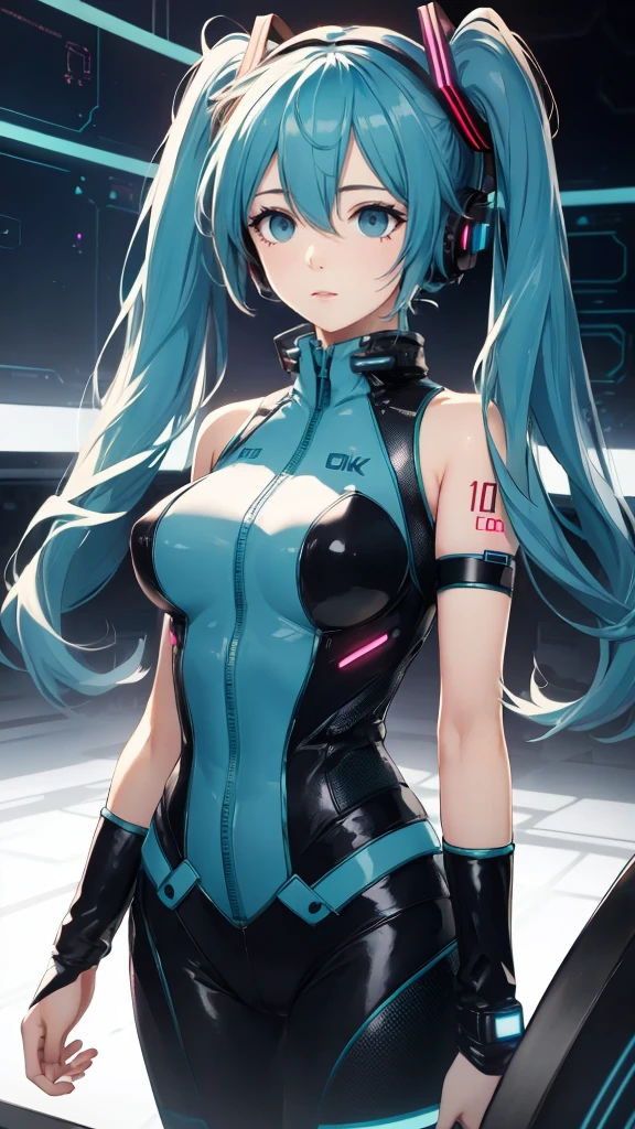 Hatsune Miku Vocaloid, Twin Tails, Light Blue Eyes, Light Blue Hair, Pichi Pichi Bodysuit, Cyber punk, Ultimate Physical Beauty, Beautiful Eyes, embarrassed look , ((Big Breasts)), 8K CG, Top Quality, Best Image Quality,