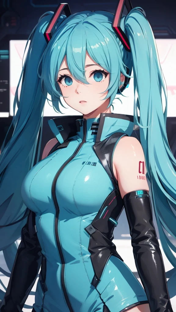 Hatsune Miku Vocaloid, Twin Tails, Light Blue Eyes, Light Blue Hair, Pichi Pichi Bodysuit, Cyber punk, Ultimate Physical Beauty, Beautiful Eyes, embarrassed look , ((Big Breasts)), 8K CG, Top Quality, Best Image Quality,