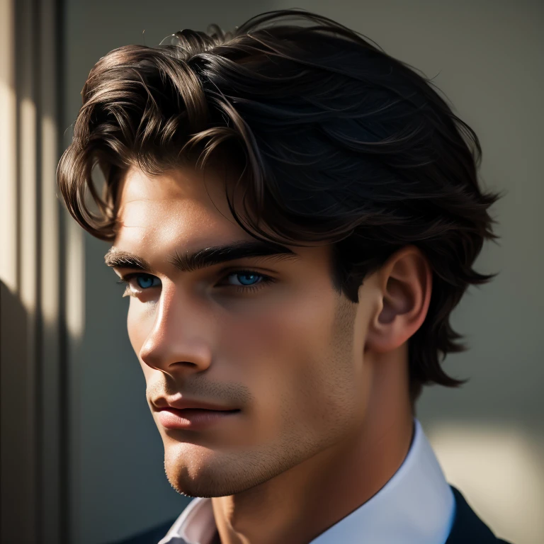  portrait illustration of a serious young man with attractive masculine features, defined jaw, aristocratic nose, blue eyes and short wavy black hair, clear skin and He wears a black office suit
