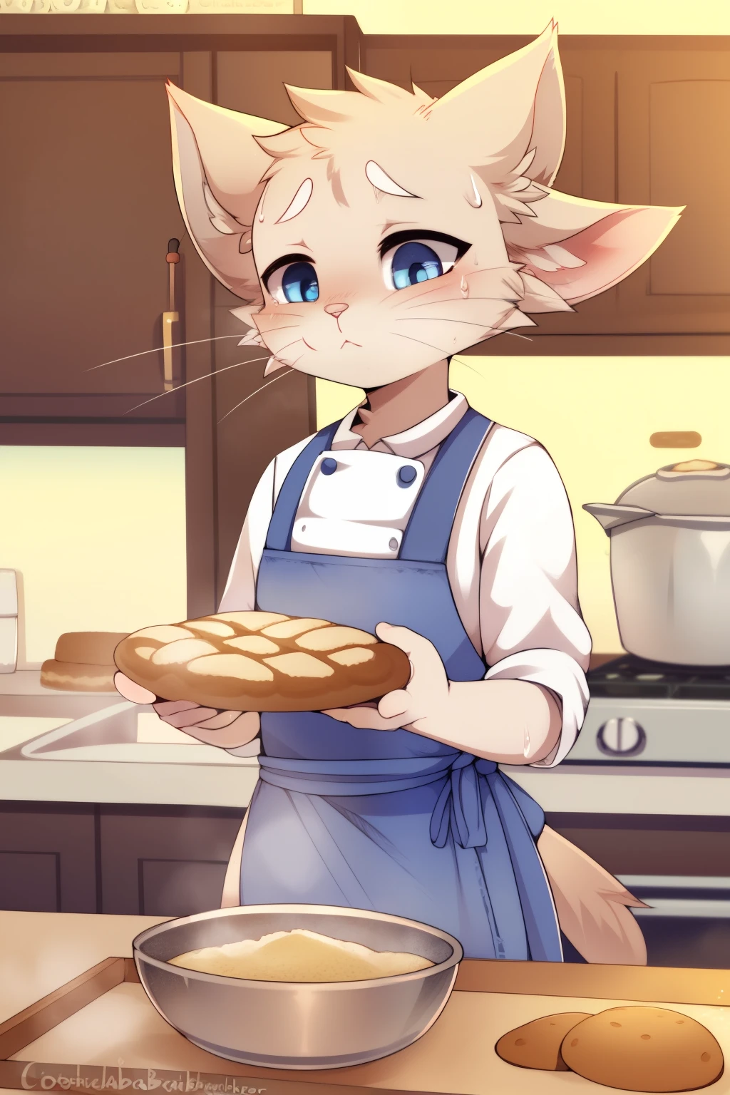 Solo, male, white cat Chef, ((pointed ears, whiskers, blue eyes)), wearing apron, making bread, ((oven in the background, dough on the counter, rolling pin in hand)), detailed description of the Chef's agile paw movements, mixing ingredients with precision, ((sweat dripping from his forehead, whiskers twitching, focused expression)), by MicheleRabbit, by KawaiiChefKitty, by WhiskerBreadBaker, by BunnyBaker, by CookingCat, standing, mixing bowl, baking sheet, yeast, flour, water, detailed lighting, cinematic, detailed background, depth of field, half body