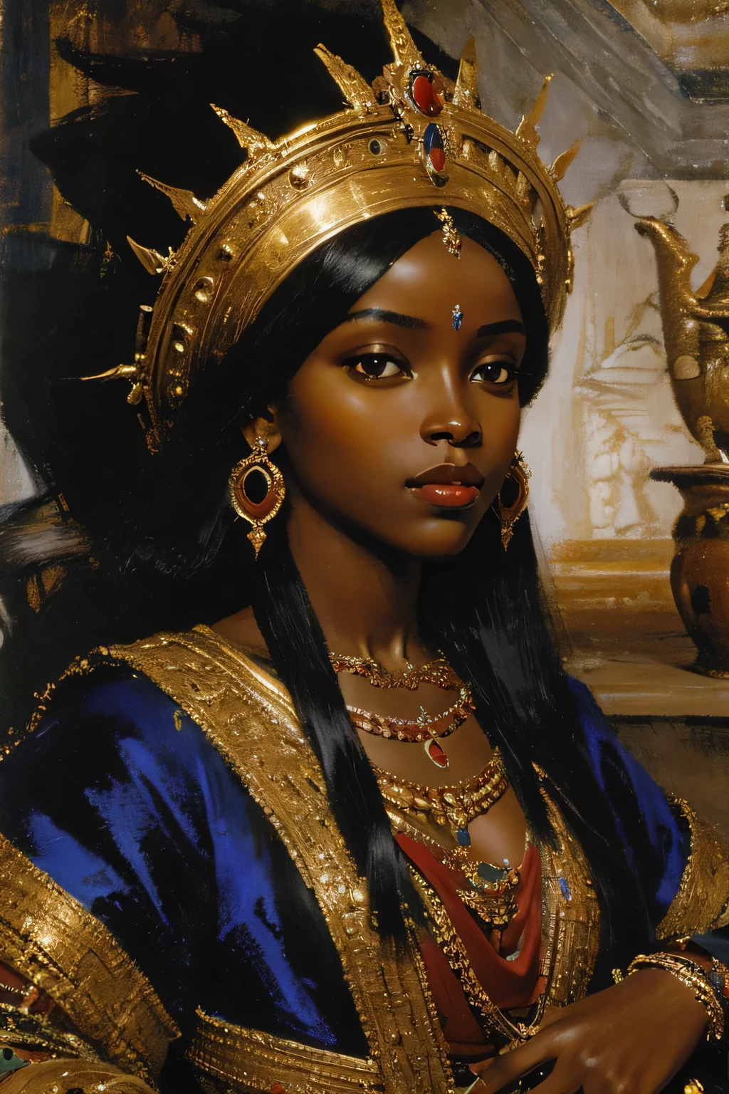 oil painting of a beautiful queen black woman, resembling rihana, long hair, red-blue-gold rich african clothes, with details, high definition, renaissance style