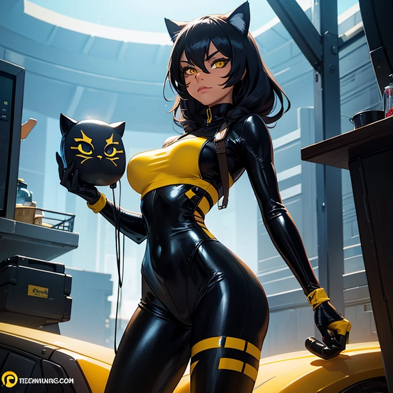 (1Girl) The alluring cat burglar, with her striking yellow eyes and flawless tan skin, clad in a tight and revealing spandex bodysuit, her half cat mask adding an air of mystery as she holds the keys to her next target.