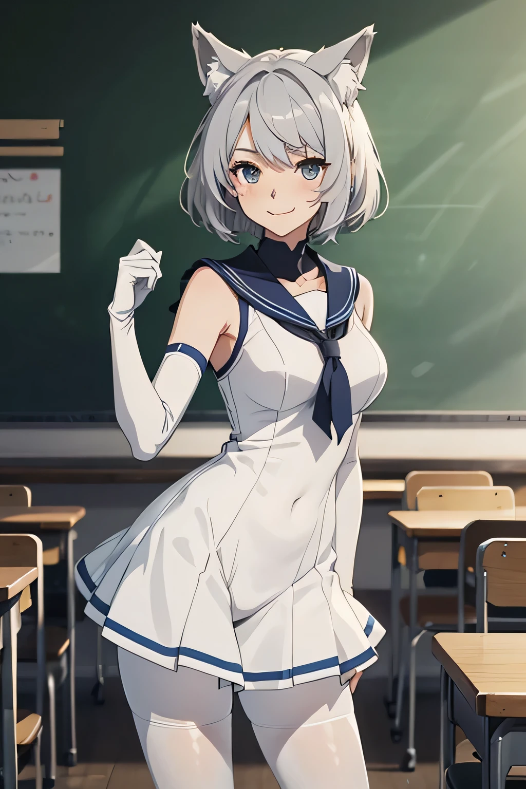 Tabletop　 Best image quality　wonderful　Attention to detail　One Young Woman（（Adult））Anime Style　White Sailor Suit（Sleeveless）　Navy blue bloomers　snow-white gloves（Elbow Gloves）　White Pantyhose（Plain）　Wolf Ears　short hair（（Shortcuts）（Gray Hair）（Curly Hair）（fluffy））　smile（Happy）　Eye color is blue　background（classroom）　Beautiful legs　Are standing