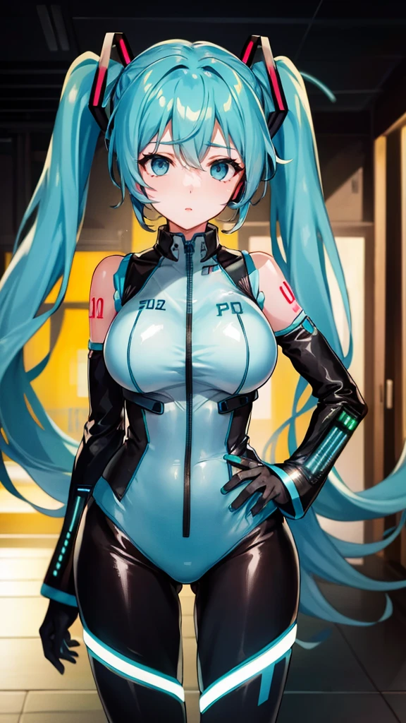 Hatsune Miku Vocaloid, Twin Tails, Light Blue Eyes, Light Blue Hair, Pichi Pichi Bodysuit, Cyber punk, Ultimate Physical Beauty, Beautiful Eyes, embarrassed look , ((Big Breasts)), 8K CG, Top Quality, Best Image Quality,