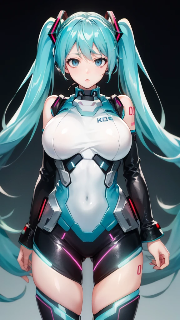 Hatsune Miku Vocaloid, Twin Tails, Light Blue Eyes, Light Blue Hair, Pichi Pichi Bodysuit, Cyber punk, Ultimate Physical Beauty, Beautiful Eyes, embarrassed look , ((Big Breasts)), 8K CG, Top Quality, Best Image Quality,