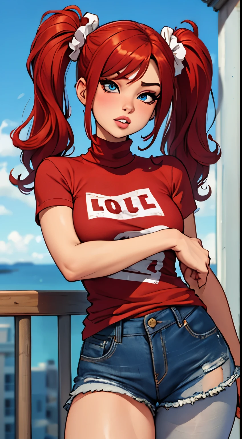 masterpiece, best quality, 1girl, solo, redhair, twintails, very long hair, blue eyes, hair scrunchie, looking at viewer, lips, parted lips, cowboy shot, pantyhose, short shorts, turtleneck, t shirt, ahegao face