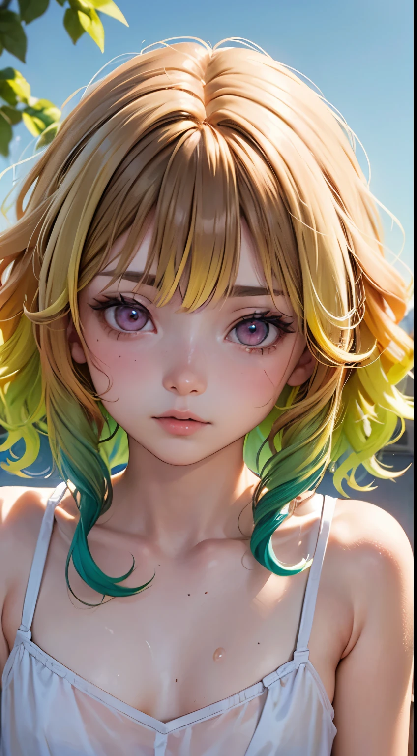 One woman, alone, alone Focus,全身Full Shot,Portraiture,, Beaver,Half water color, Half Green, ((Brown Hair)), (Yellow Hair), (Gradient Hair :1.5), Curly Hair, ((Pink Eyes)), Ultra-detailed eyes, work, White see-through, (Small TI quality, Very detailed,Full Shot