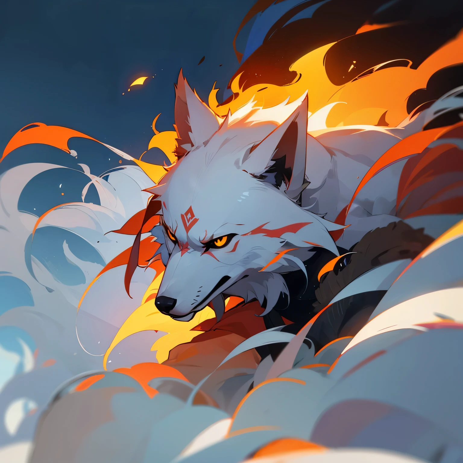 Crie um papel de parede de um lobo Alpha com fogo saindo de seus olhos