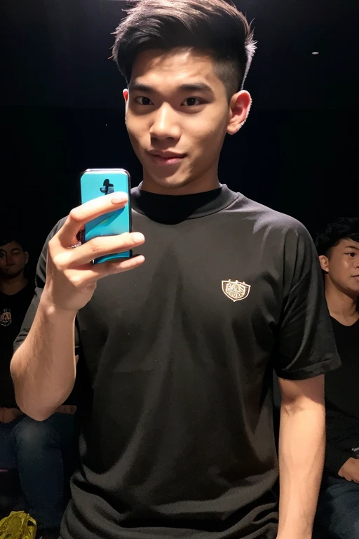male face excited smartphone Dark Room Guts pose