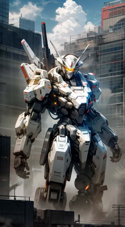 sky, cloud, Holding_weapon, number_human, glow, , robot, building, glow_eyes, Mecha, science_novel, city, realistic,Mecha