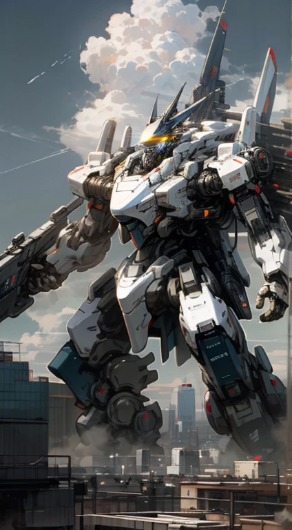 sky, cloud, Holding_weapon, number_human, glow, , robot, building, glow_eyes, Mecha, science_novel, city, realistic,Mecha