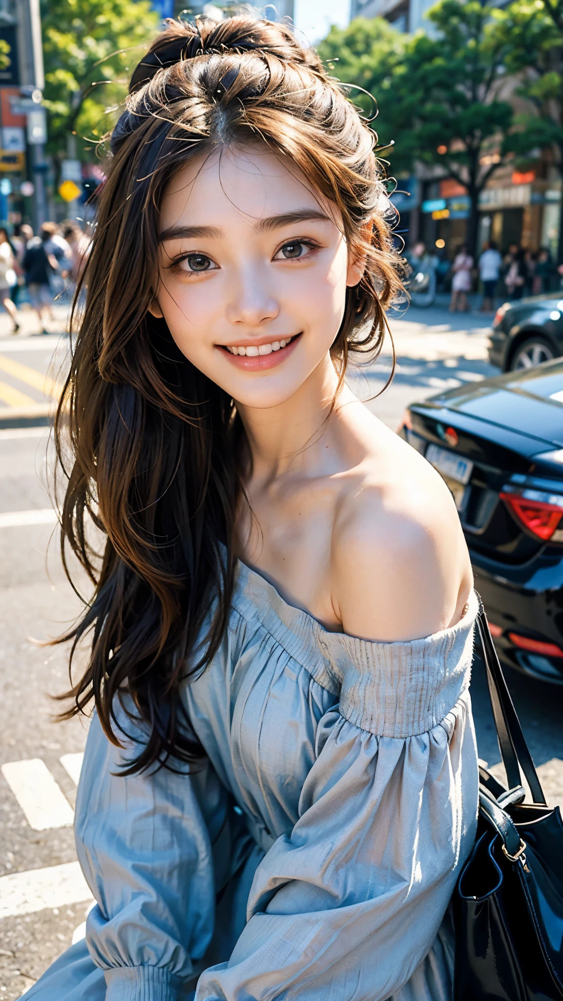 highest quality, masterpiece, Ultra-high resolution, (Realistic:1.4),Cloudy weather, (Close-up portrait) RAW Photos, 1 girl,20-year-old,((Off-the-shoulder dress)),((Yokohama Motomachi Shopping Street)),((Please look up)),,((Handbags)),Hair Bun,((Lots of shopping)),((Straight Long Hair)),Realistic,)),((Smiling with teeth showing)),((Big smile))