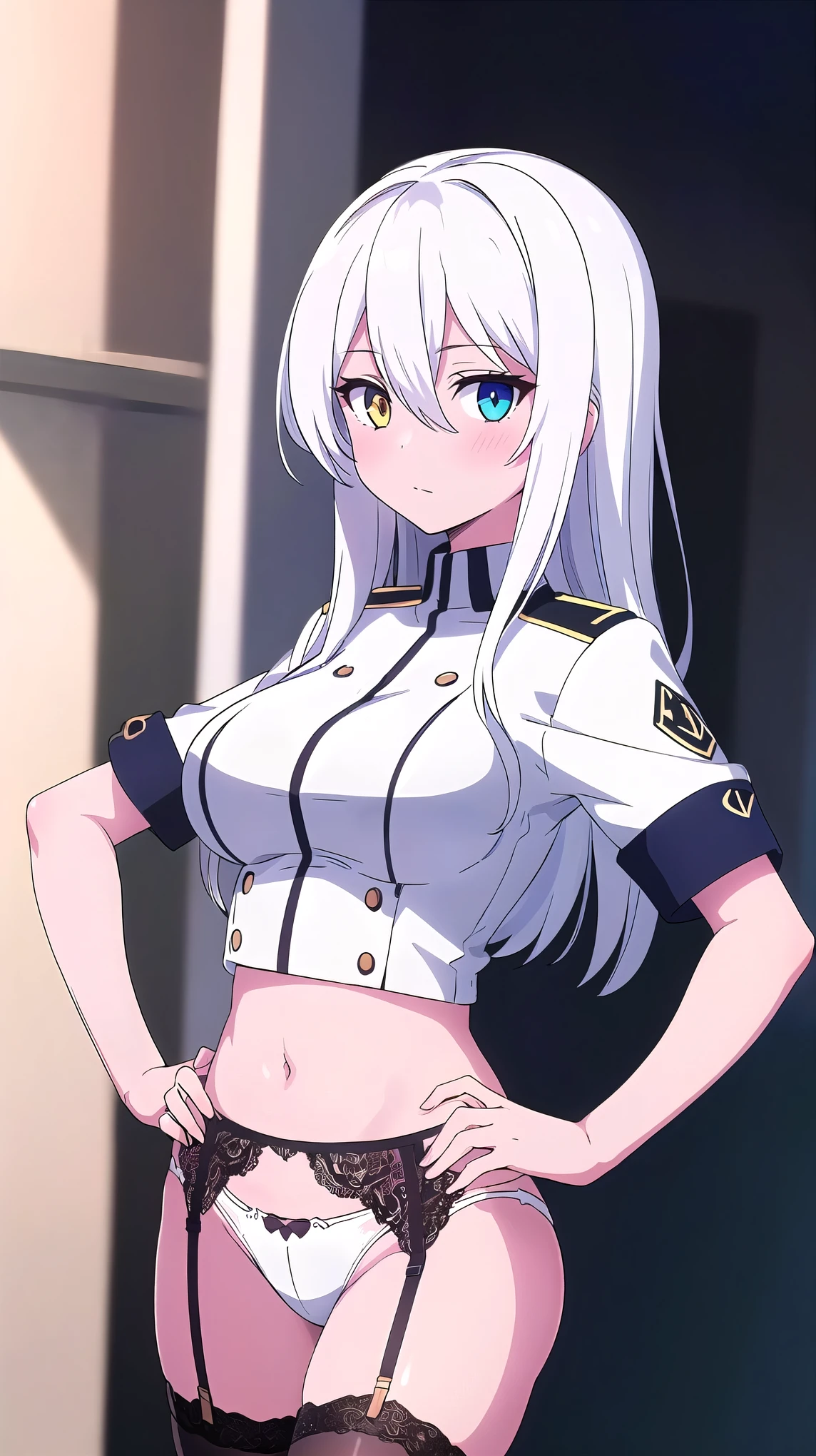(Masterpiece, beautiful details, perfect focus, uniform 8K wallpaper, 2160p, high resolution, exquisite texture in every detail, Medium shot photograph, perfect eyes very high detailed, perfect pupils, sclera_eyes_detail, eyes:1.2, human anatomy correct, pastel, hyper_detailed:1.5, (picture-perfect:1.4), detailed background, ((1 girl)), solo, looking at viewer, long-hair, two-tone hair, white hair, multicolored_hair, heterochromia eyes, Red-green_eyes, ((((gigants-breasts)))), standing, anatomy human perfect, hidden hands, ((((hands on hips)))), (((well drawn and drawn hands and arms: 1.2))), ((5fingers perfect)), ((human_hand perfect)), posture front_view, front_angle, blush, bangs, thighhighs, navel, hair between eyes, garter belt, crossed bangs, perfect eyes,