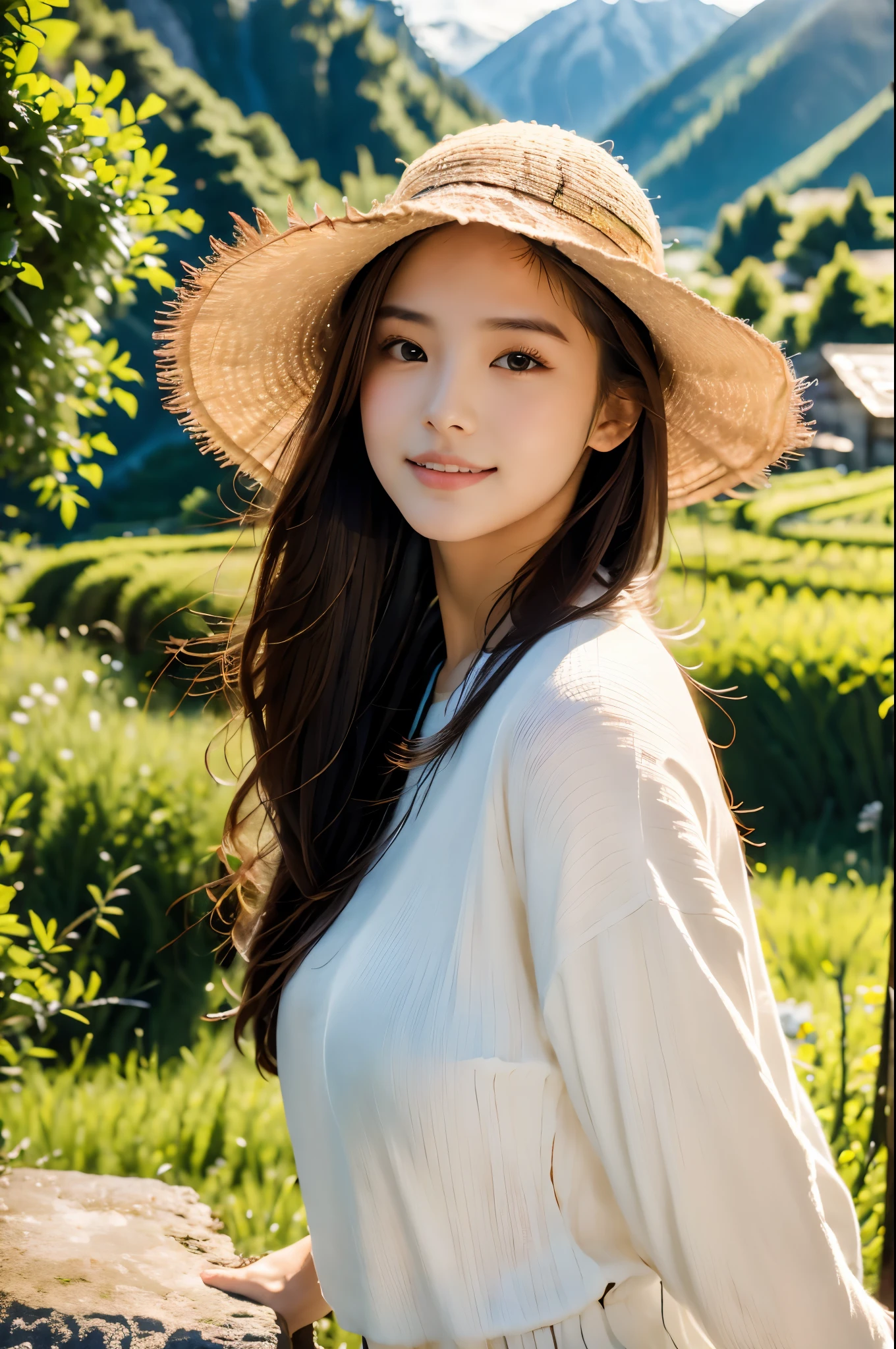 (absurdres, highres, ultra detailed, beautiful, masterpiece, best quality, )1 girl , half body shot, BREAK Terraced rice fields, rural villages, green landscapes, traditional farming, mountainous backdrops, peaceful atmosphere, BREAK Comfortable clothing, hat, sunscreen, light jacket,