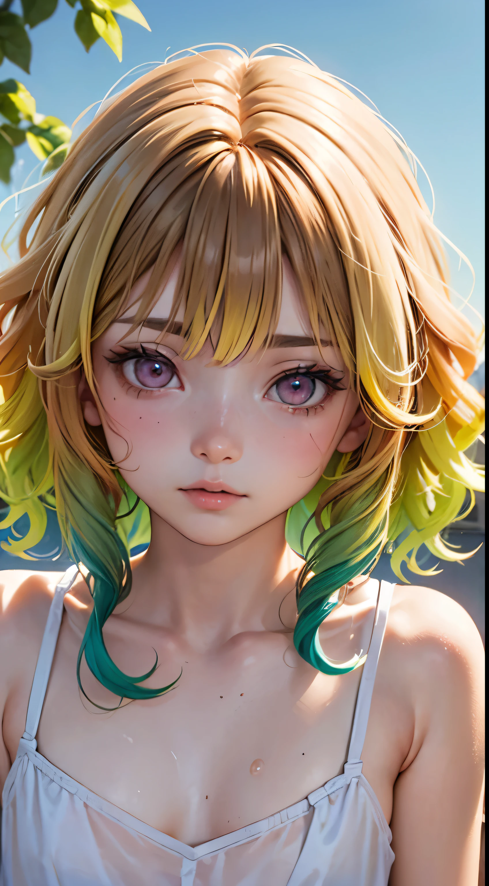 One woman, alone, alone Focus,Full Shot,Portraiture,, Beaver,Half water color, Half Green, ((Brown Hair)), (Yellow Hair), (Gradient Hair :1.5), Curly Hair, ((Pink Eyes)), Ultra-detailed eyes, work, White see-through, (Small TI quality, Very detailed,Full Shot