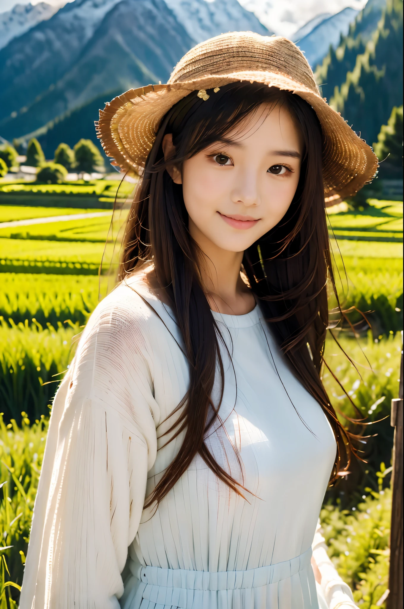 (absurdres, highres, ultra detailed, beautiful, masterpiece, best quality, )1 girl , half body shot, BREAK Terraced rice fields, rural villages, green landscapes, traditional farming, mountainous backdrops, peaceful atmosphere, BREAK Comfortable clothing, hat, sunscreen, light jacket,