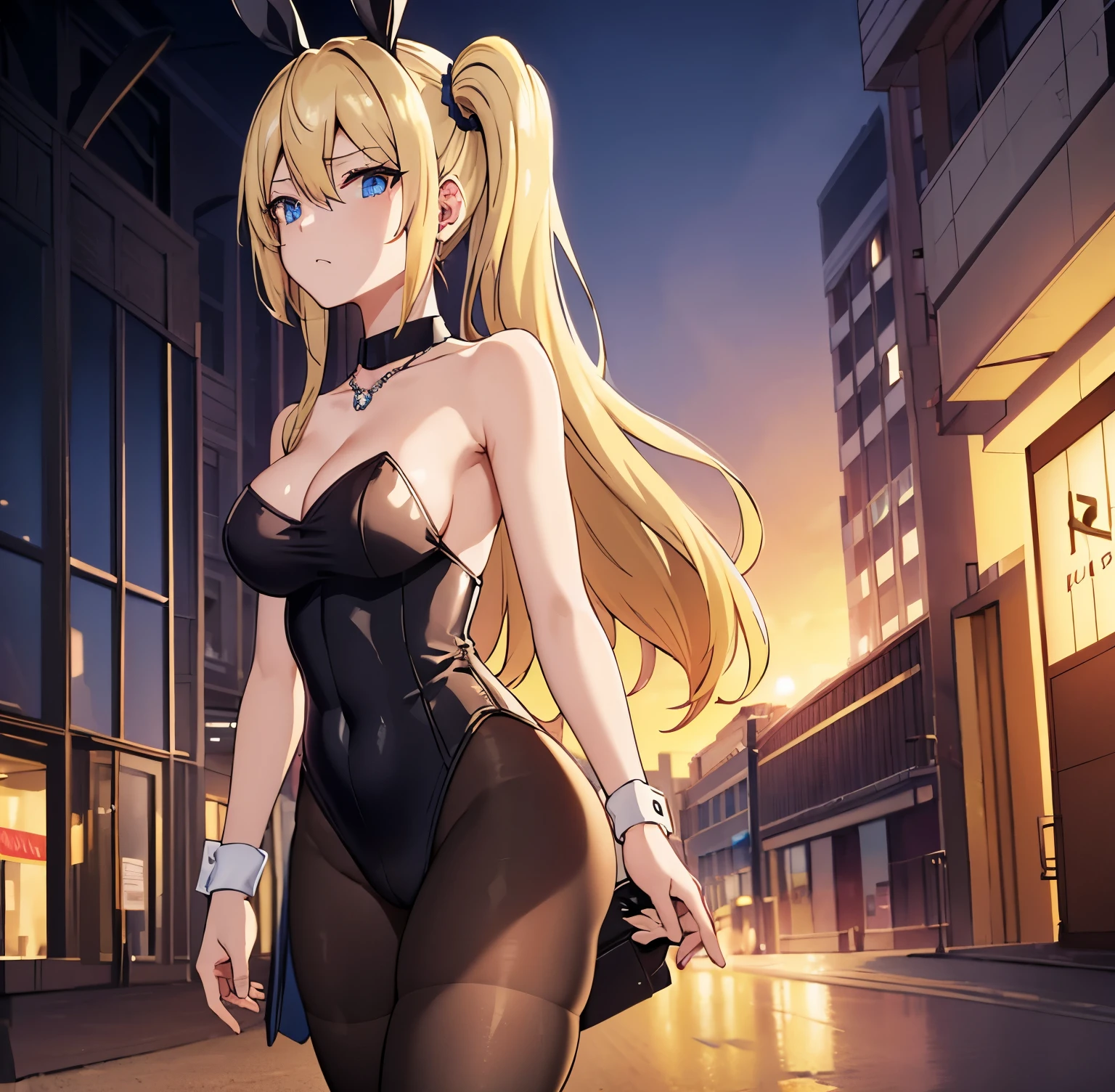 masterpeace, best quality, high resolution, 1 girl, solo, hayaska ai, black playboy bunny outfit, black headband, black bunny ears, black pantyhose, black slippers, side ponytail, hair between eyes, blue eyes, blonde hair , hair ornament, large breasts, medium waist, wide hips, medium thighs, butt round, hair scrunchie, bangs, long hair, side strands, necklace, collarbone, jewelry, city, street, sunny, good lighting, walking down the street, looking at viewer, from behind, pov(from below), perfect anatomy perfect hands