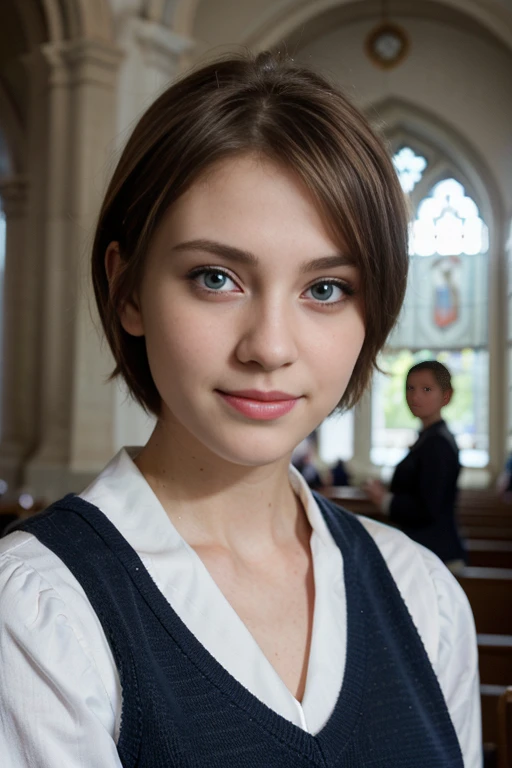 RAW UHD format、Photo of a 16 year old blonde (blue eyesをした美しい少女), Healthy and beautiful girl、drooping eyes、blue eyes、Very absurd、Highly detailed shiny eyes, (Looking at the camera), Digital single-lens reflex camera, Shooting with Leica、super high quality, Sharpness, Shallow depth of field, Crystal Clear, Pretty face, The background is blurred, (dim), Low Key, Detailed pores , Exquisite eye detail、((short hair))、((No makeup))、((Beautiful Face))、High school girls、So ridiculous、(Cute Smile)、(((Portrait in front of the church wearing her high school sailor uniform)))