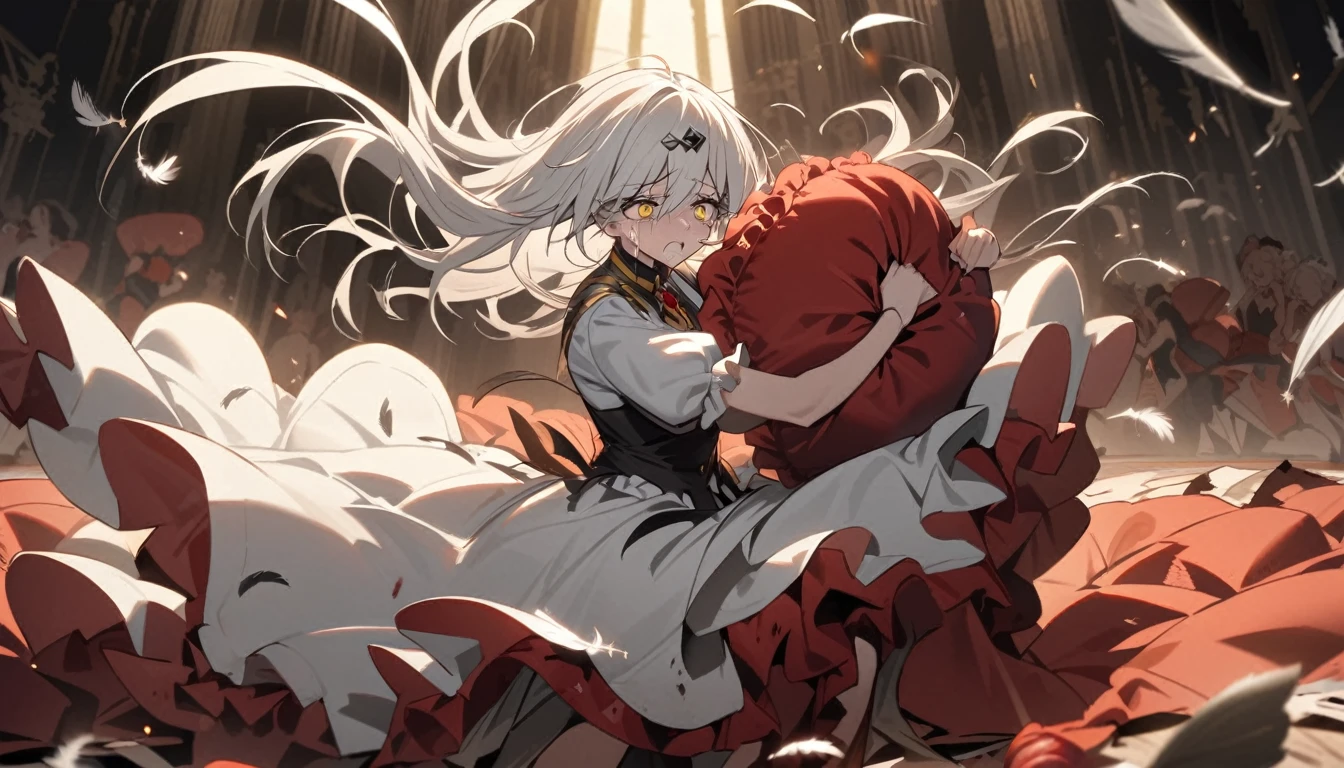A woman, flowing white hair, melancholy eyes, yellow pupils, black diamond-shaped hairpin, A woman is cutting up a Tattered super huge red silk cushion with scissors in a dirty way. Tiny feathers are dancing, crying