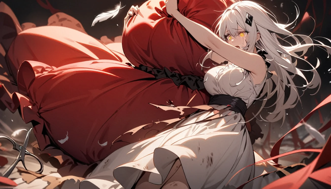 A woman, flowing white hair, melancholy eyes, yellow pupils, black diamond-shaped hairpin, A woman is cutting up a Tattered super huge red silk cushion with scissors in a dirty way. Tiny feathers are dancing, crying