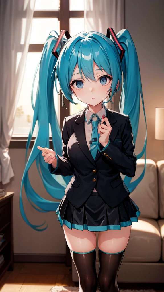 Highquality image of Hatsune Miku, Twin Tail, light Blue Eye, light Blue Hair, big breasts, black tights, 1woman, suit, mini suit skirt, sunset, living room